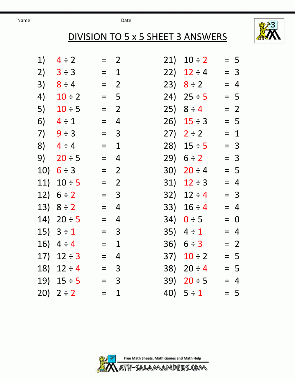 Division Math Facts Worksheets