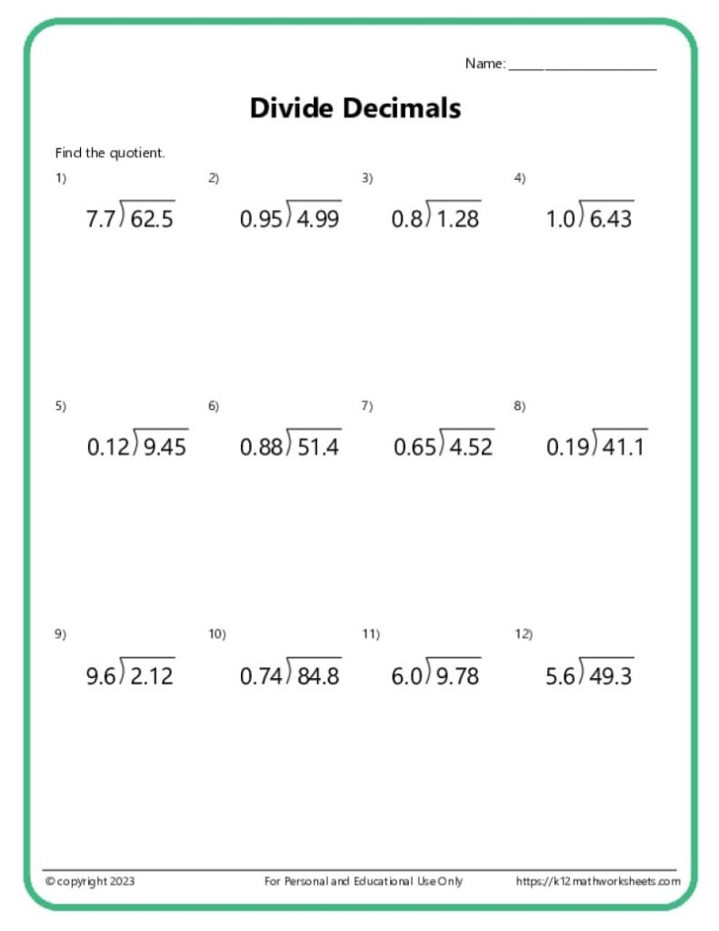 Decimal Math Worksheets