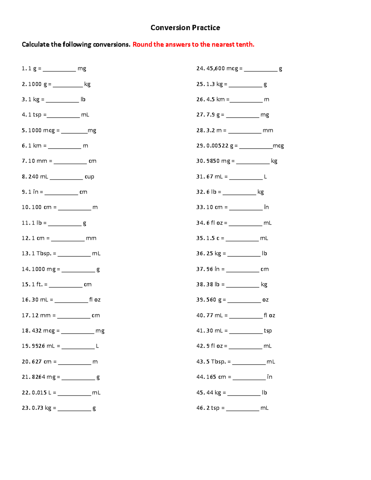 Dosage Calculations Practice Worksheet Conversion Practice 