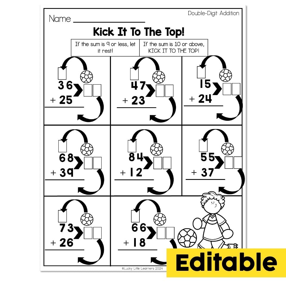 Editable 2nd Grade Math Worksheets Place Value Double Digit Addition With Regrouping Kick It To The Top Lucky Little Learners