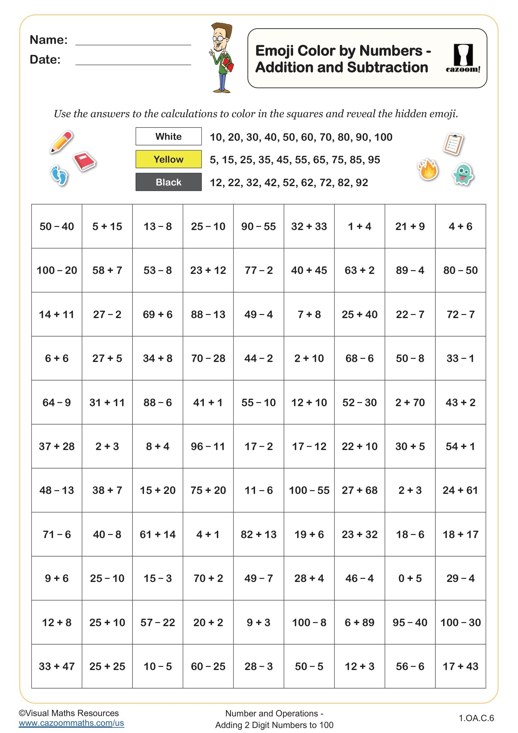 Emoji Colour By Numbers Addition And Subtraction Worksheet Fun 