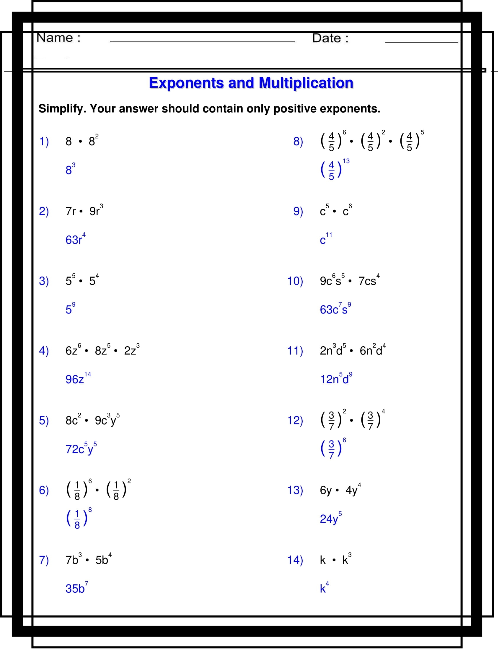 Exponents With Multiplication Algebra 1 Exponents Worksheets Made By Teachers