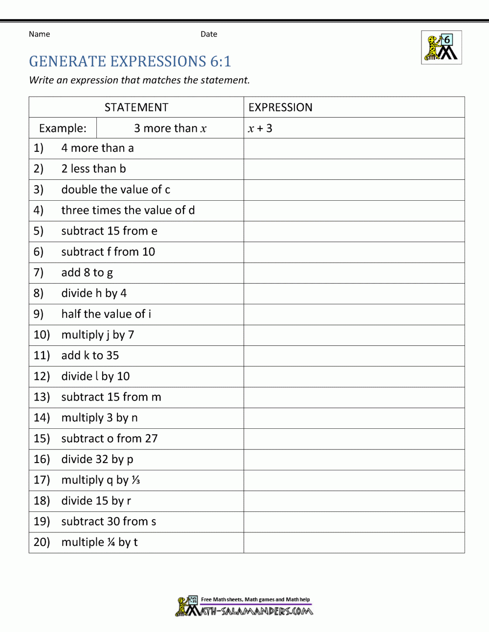 Writing Math Expressions Worksheets