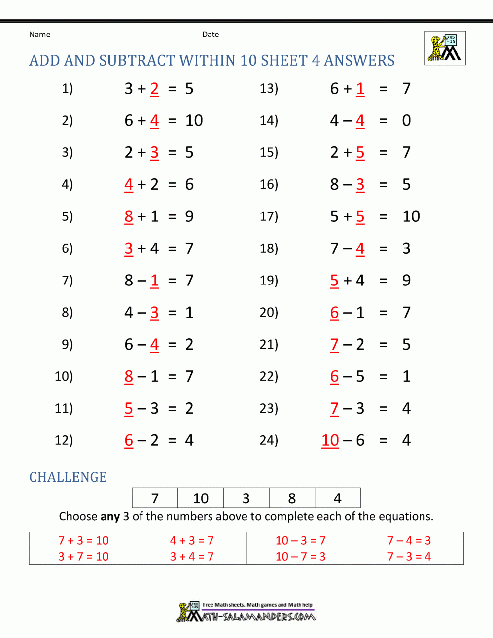 First Grade Addition And Subtraction Facts To 12