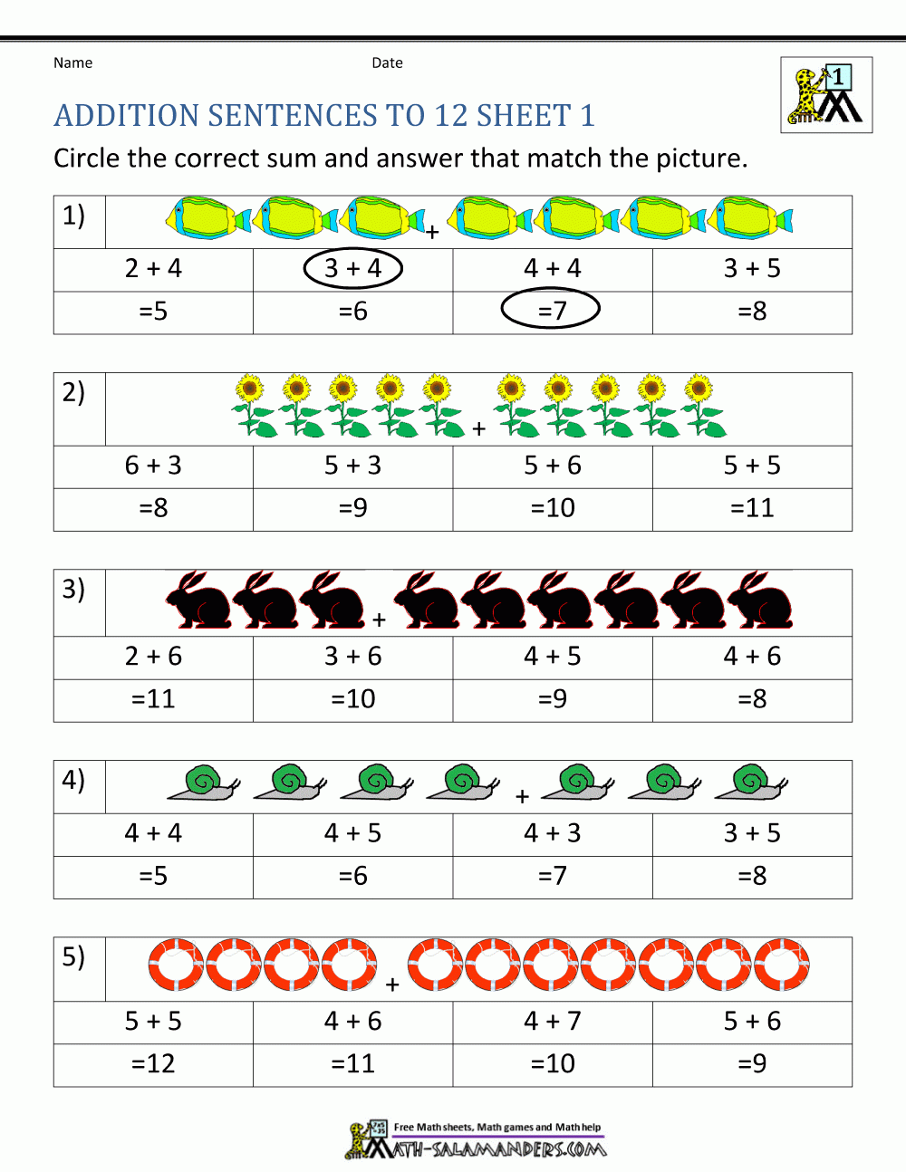 Math Worksheets For 1st Graders Addition