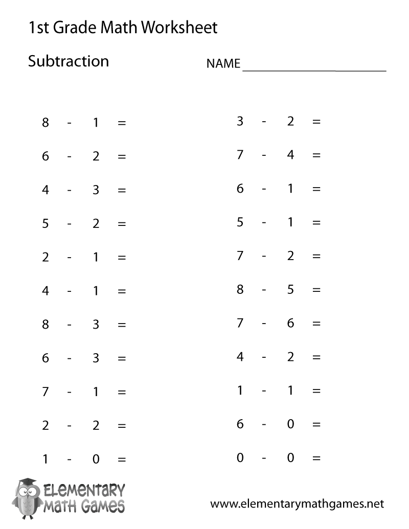 Math Worksheets For 1st Graders Subtraction