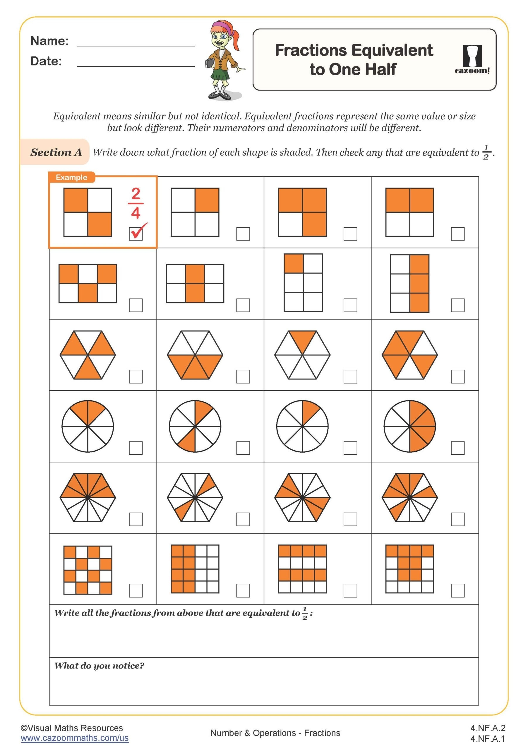Fractions Equivalent To One Half 4th Grade PDF Number And Operations Worksheets