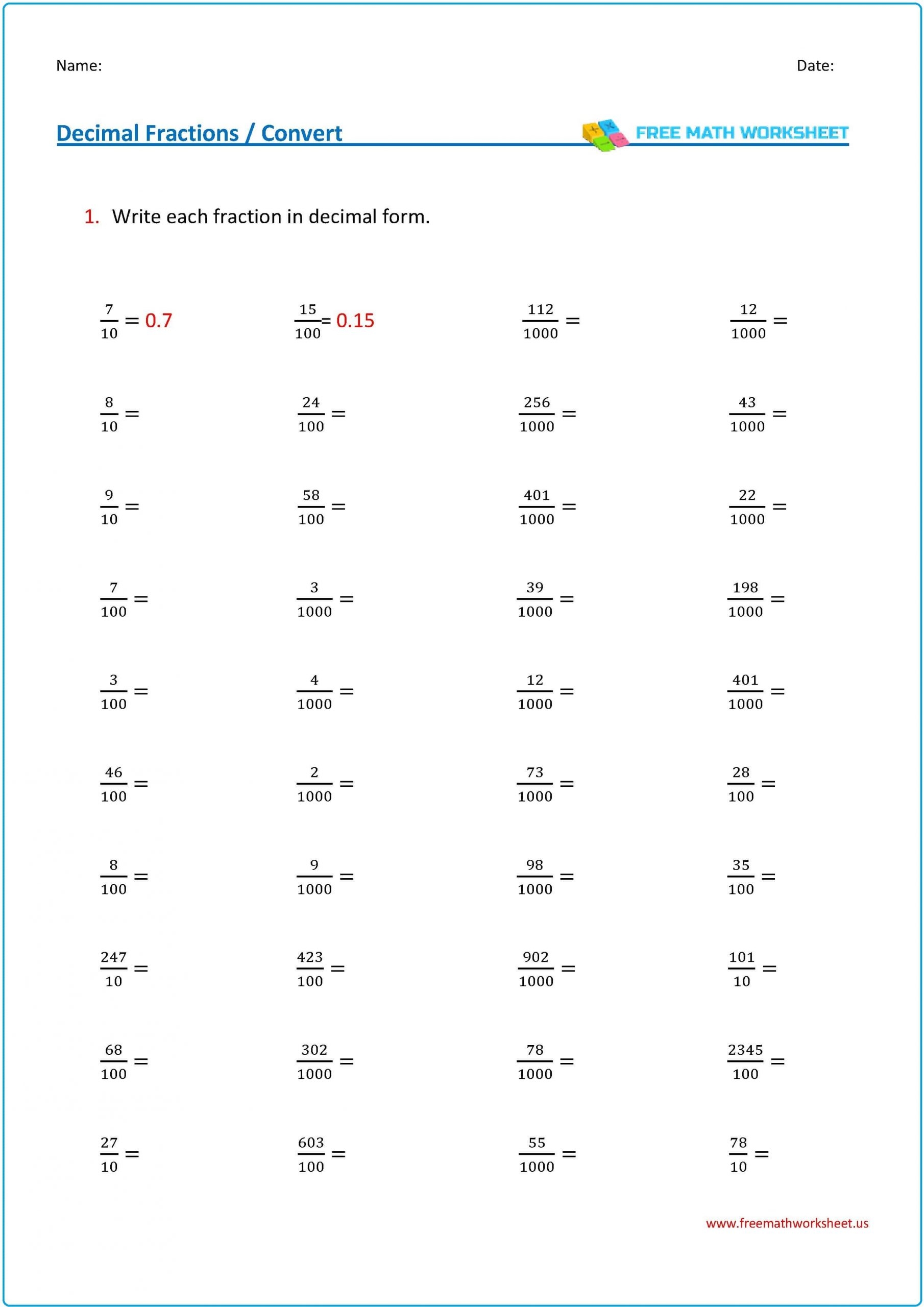 Math Decimals And Fractions Worksheets