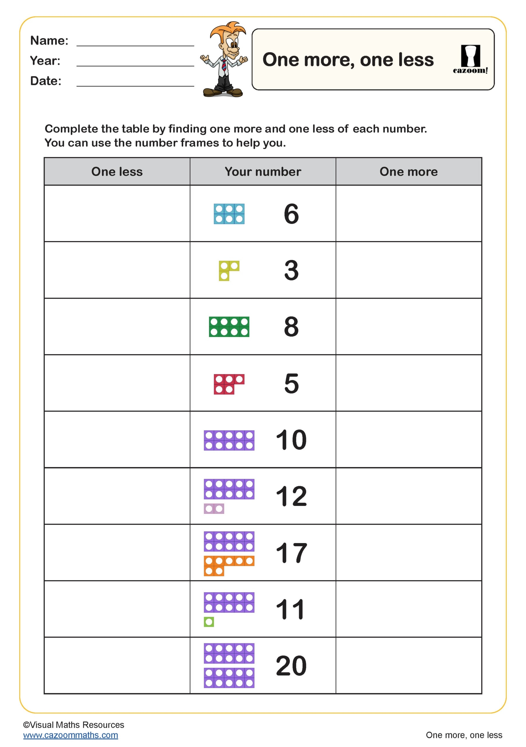 One Less One More Math Worksheets