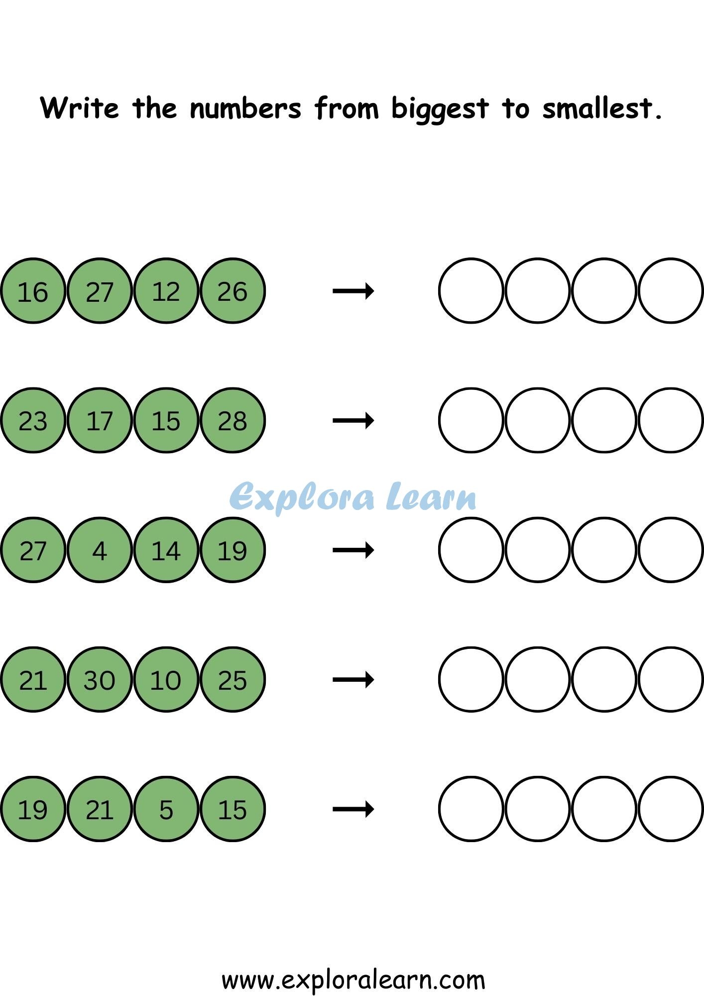 Free Exploralearn Worksheets Class 1 Maths Worksheets Ascending 