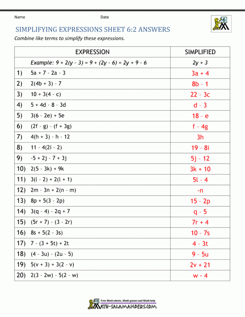 Expressions Math Worksheet
