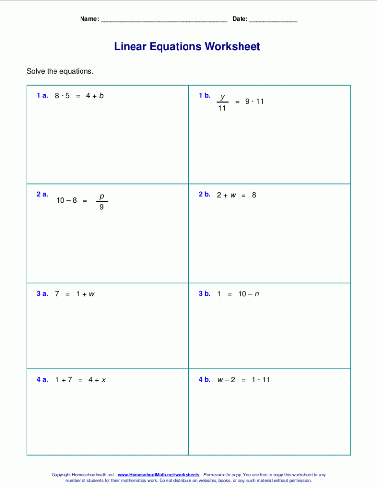 Free Worksheets For Linear Equations grades 6 9 Pre algebra Algebra 1