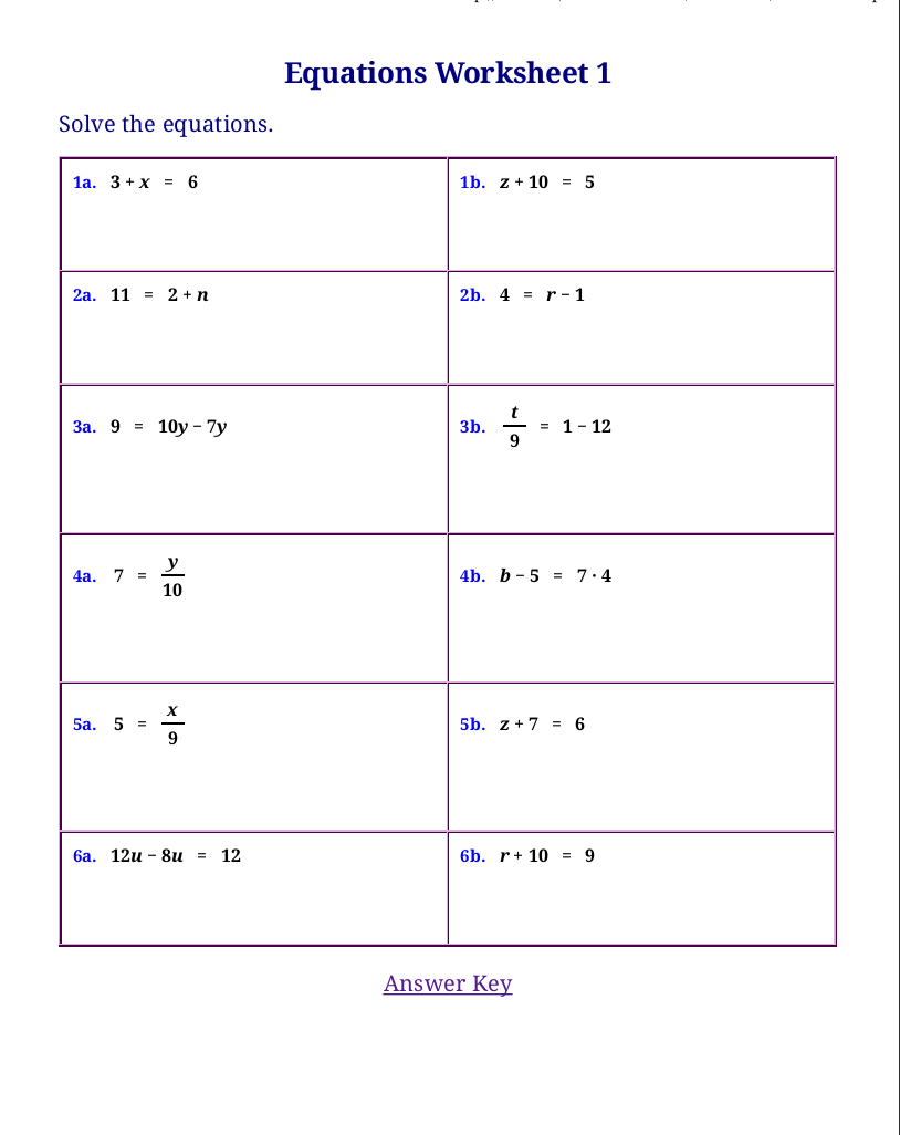 Math Algebra 1 Worksheets