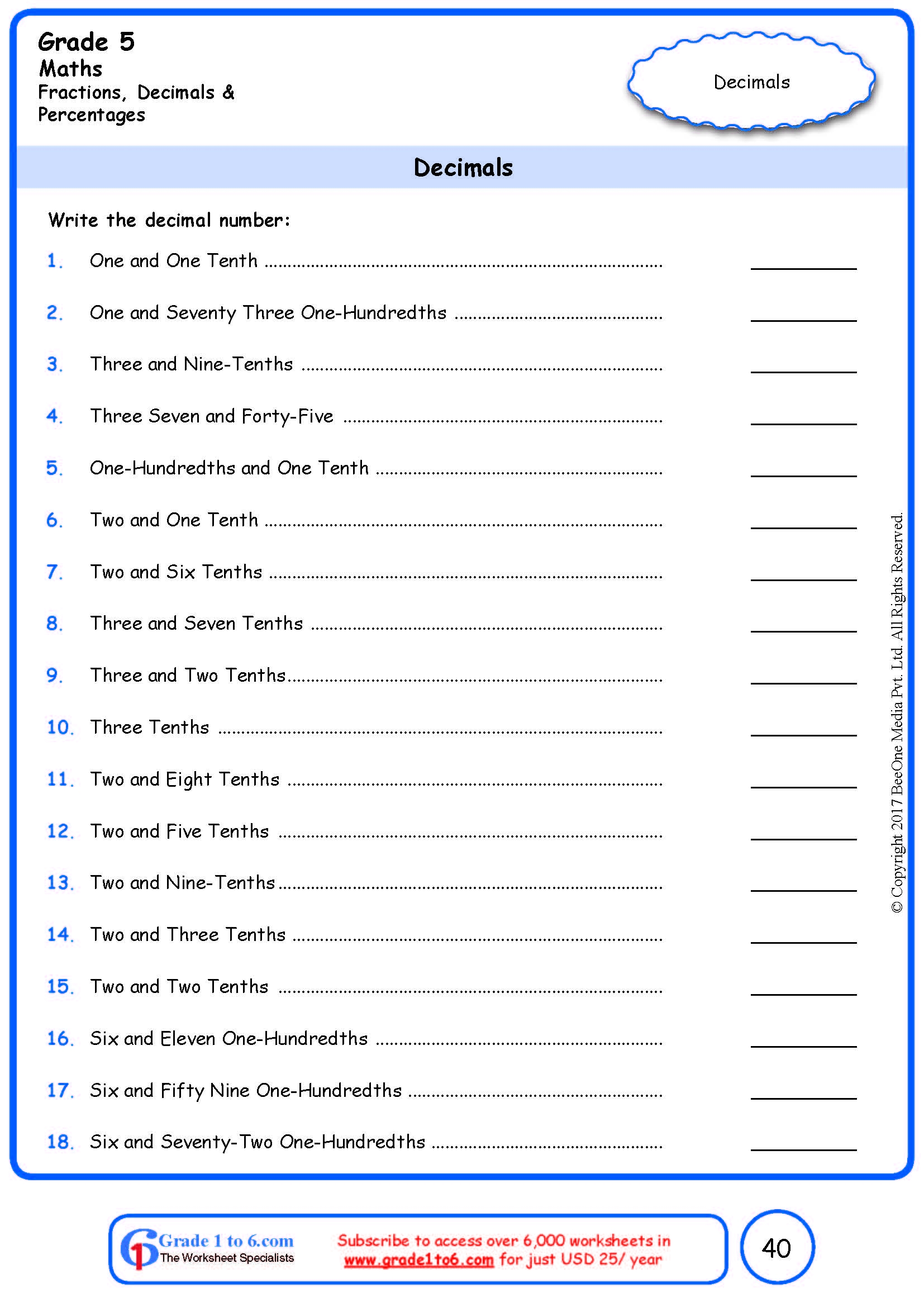 Grade 5 Fraction To Decimal Conversion Worksheets www grade1to6