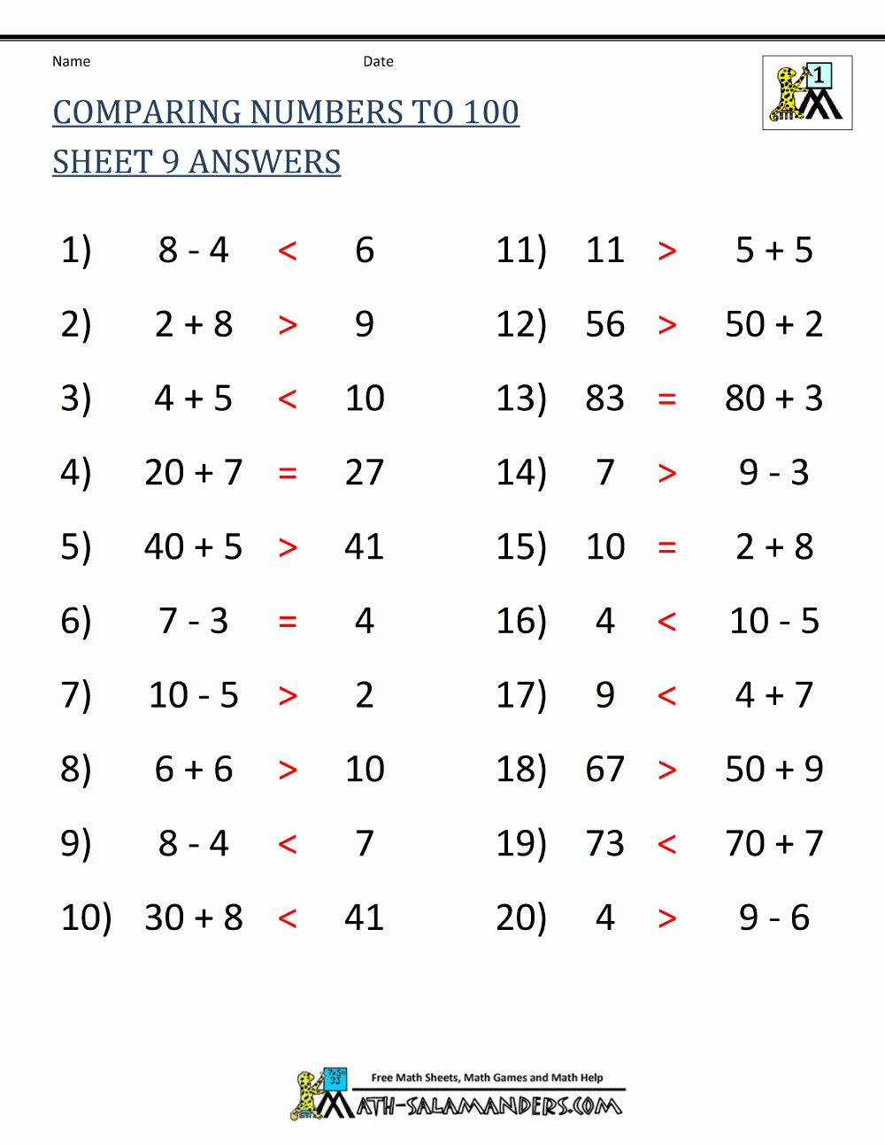 Greater Than Less Than Worksheet Comparing Numbers To 100