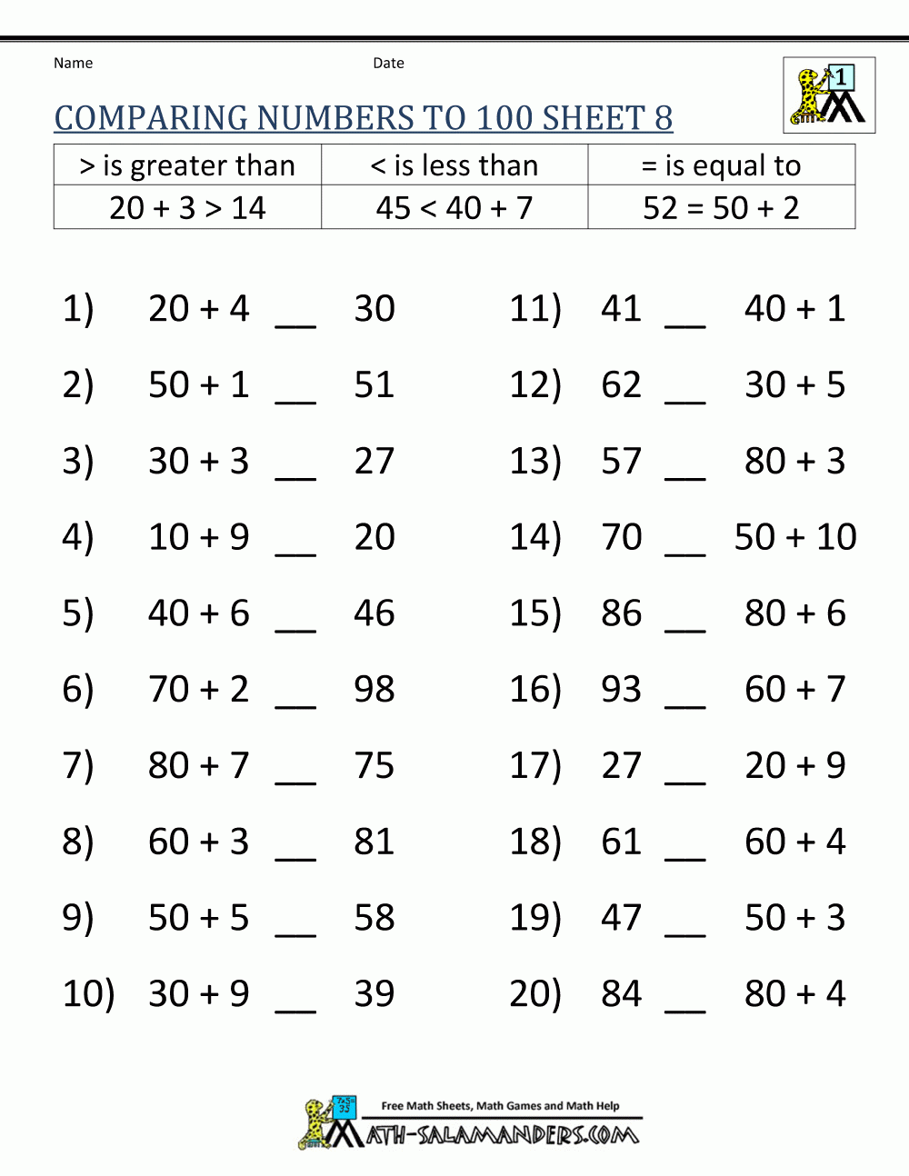 Greater Than Less Than Worksheet Comparing Numbers To 100 Worksheets Library