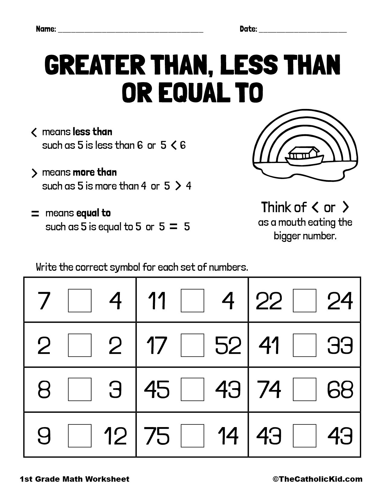 Greater Than Or Less Than 1st Grade Math Worksheet Catholic 