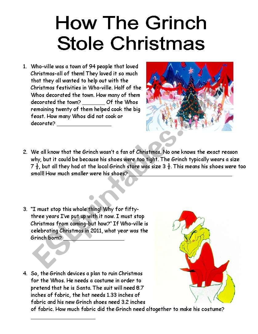 Grinch Math Word Problems ESL Worksheet By Bbgovea09