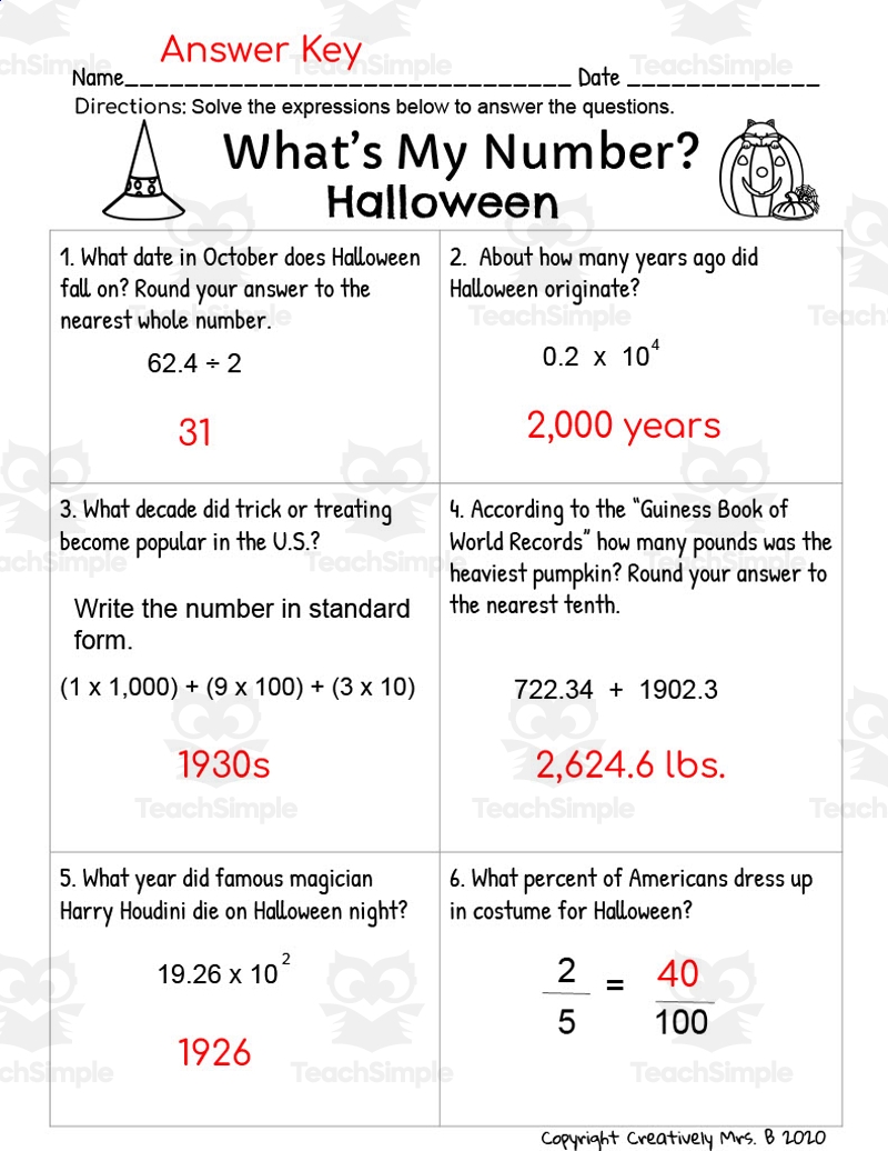 Halloween Math Trivia Worksheet By Teach Simple
