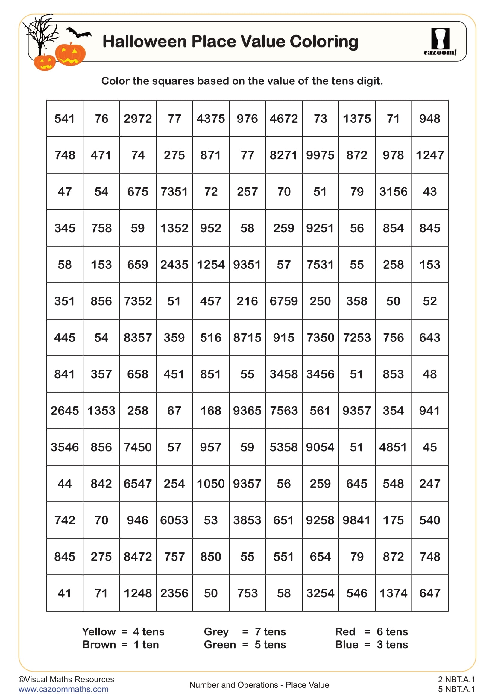 Halloween Place Value Coloring Worksheet Fun 2nd And 5th Grade 