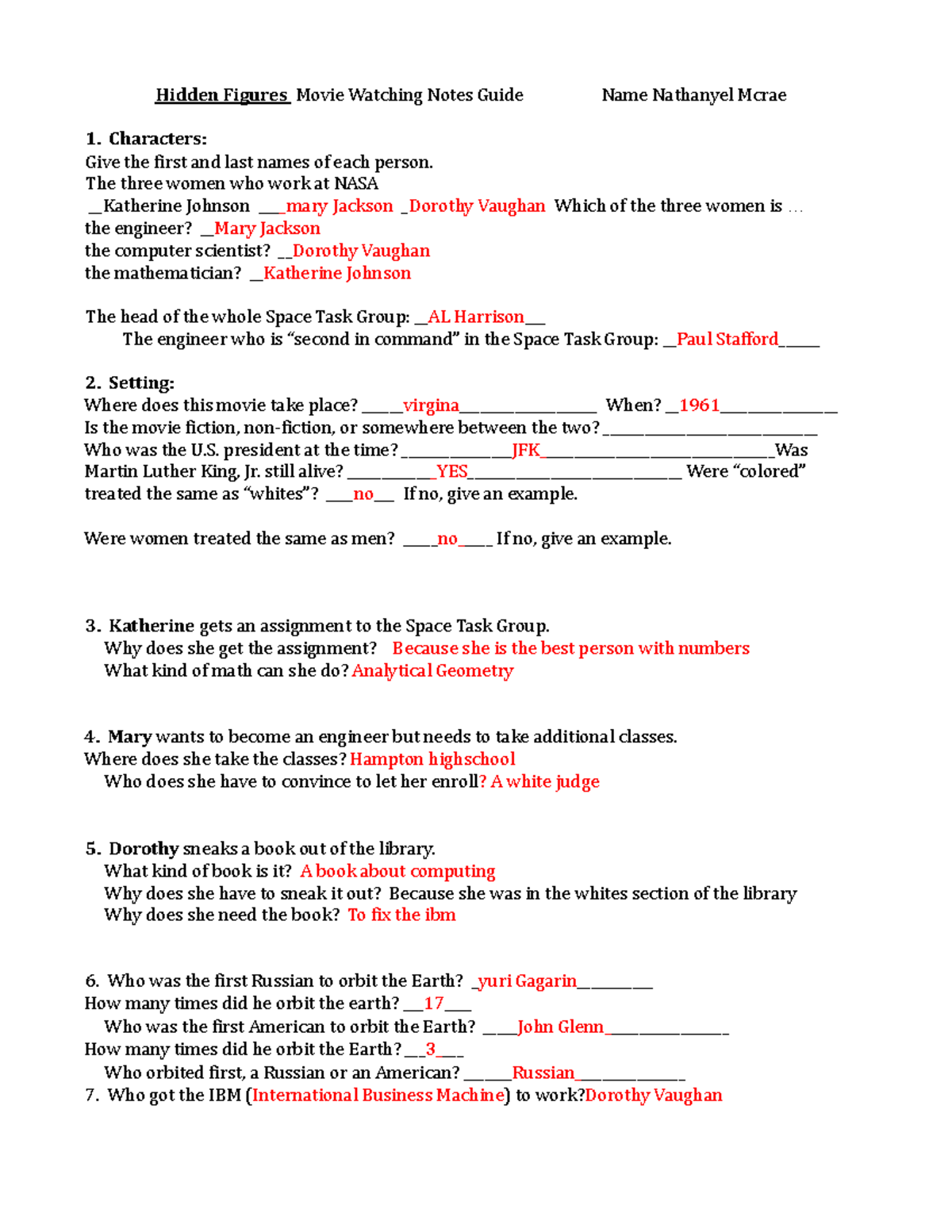 Hidden Colors NO KEY1 Unit Hidden Figures Movie Watching Notes Guide Name Nathanyel Mcrae Studocu