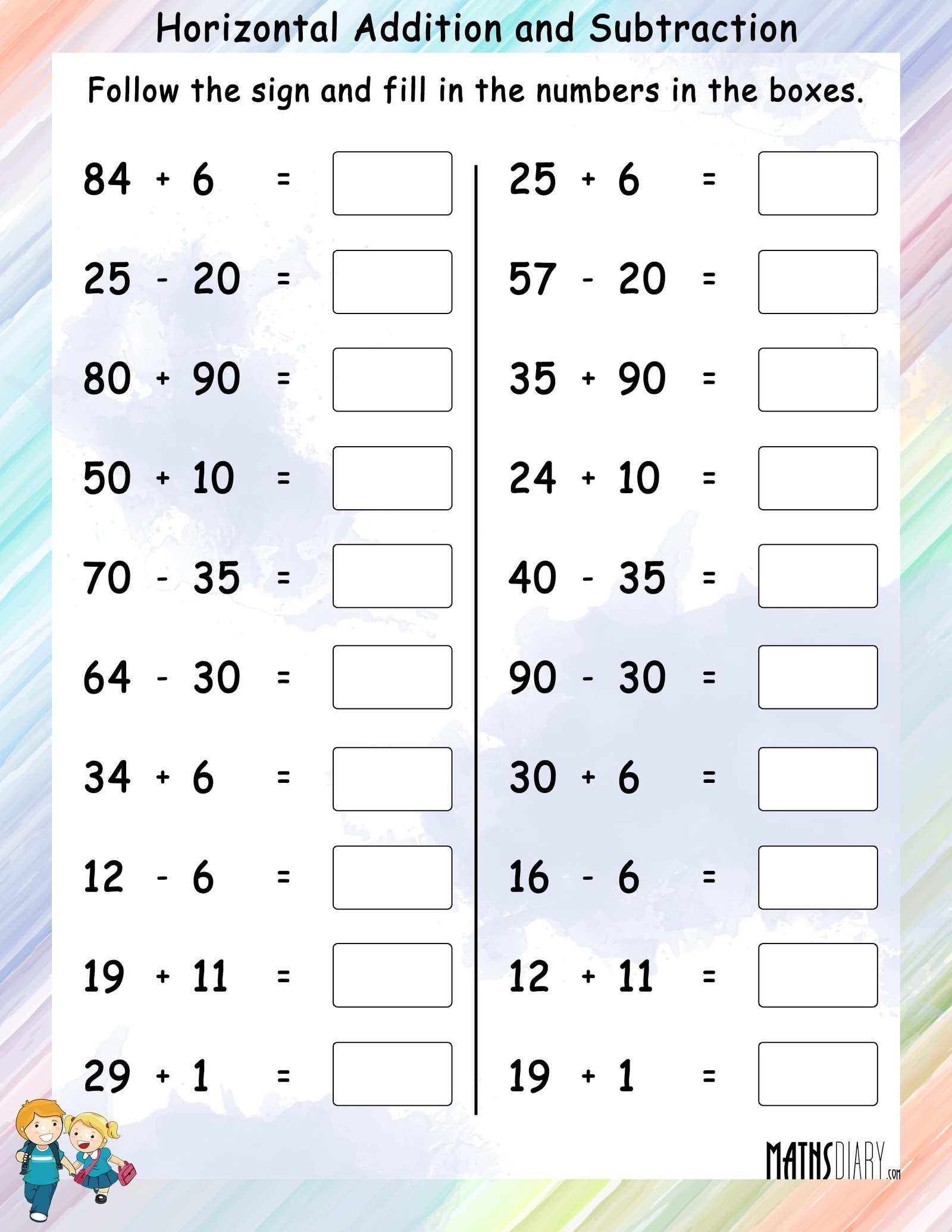 Horizontal Addition And Subtraction Math Worksheets MathsDiary