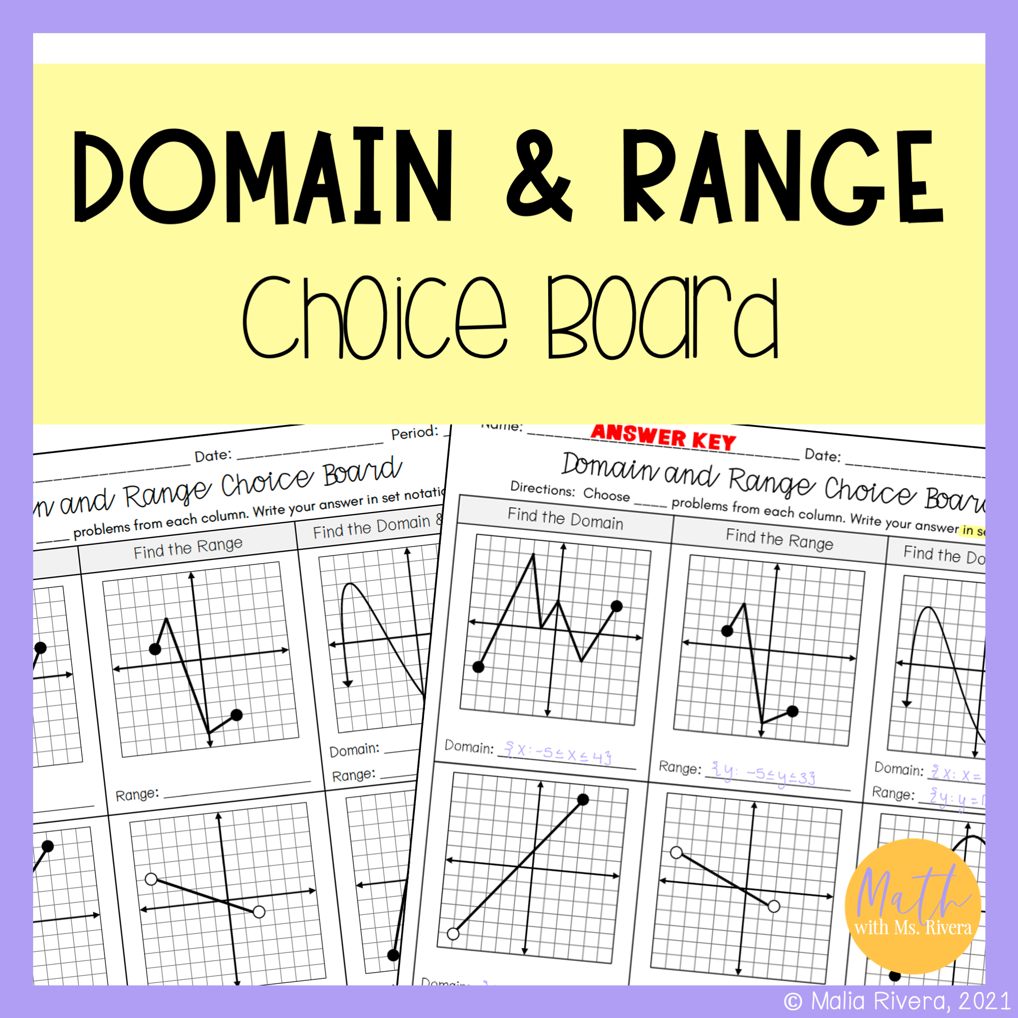 Identifying Domain And Range From Graphs Worksheet Choice Board 