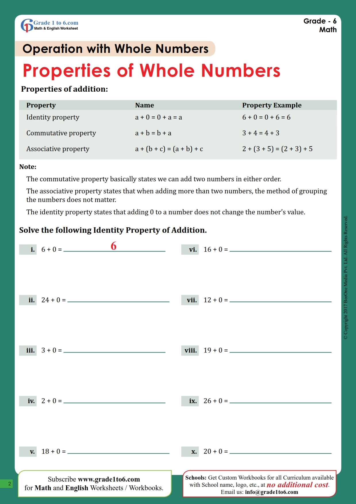 Identity Property Of Addition Worksheet Grade1to6