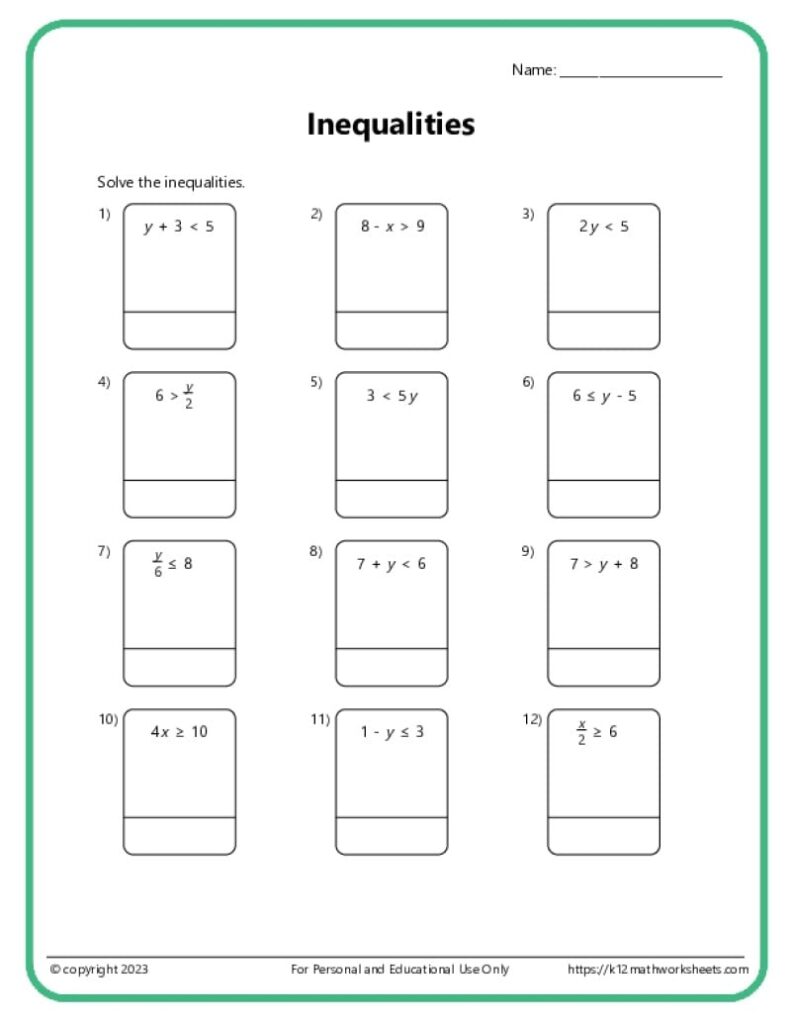 Inequality Math Worksheets