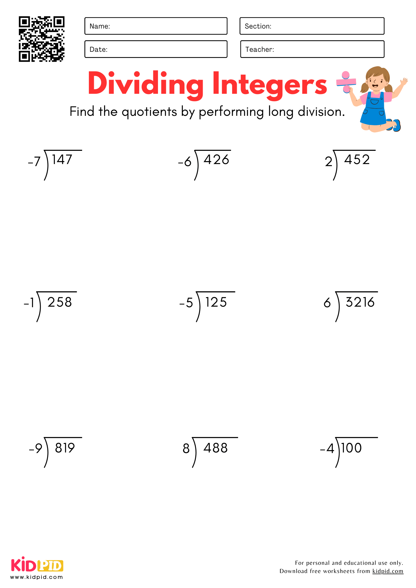 Math Integers Worksheet