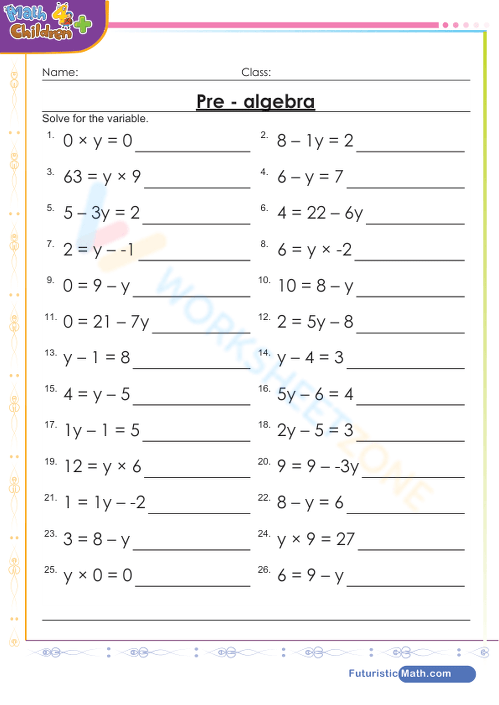 Pre Algebra Math Worksheet Pdf
