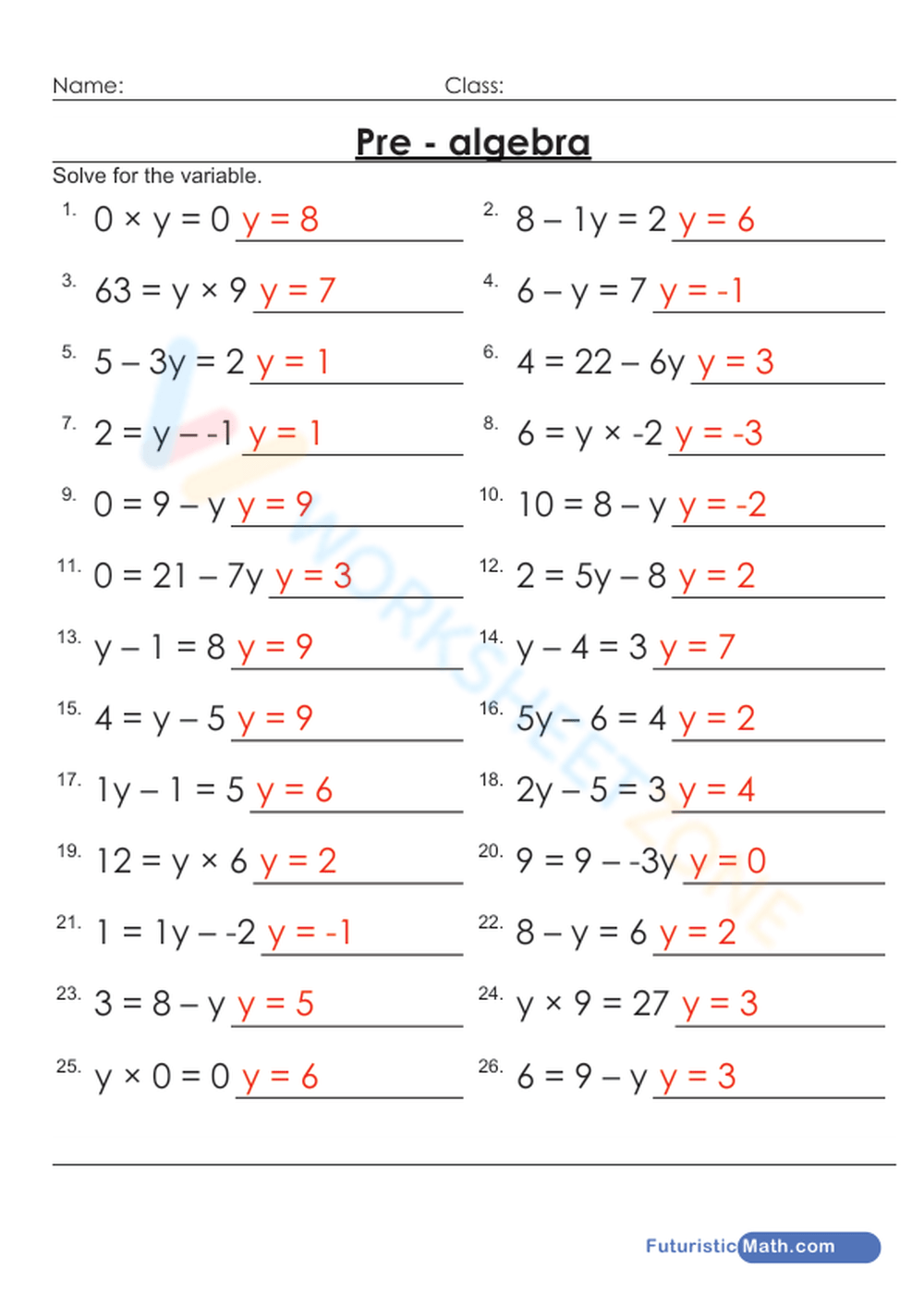 Introduction Pre Algebra Math Worksheet
