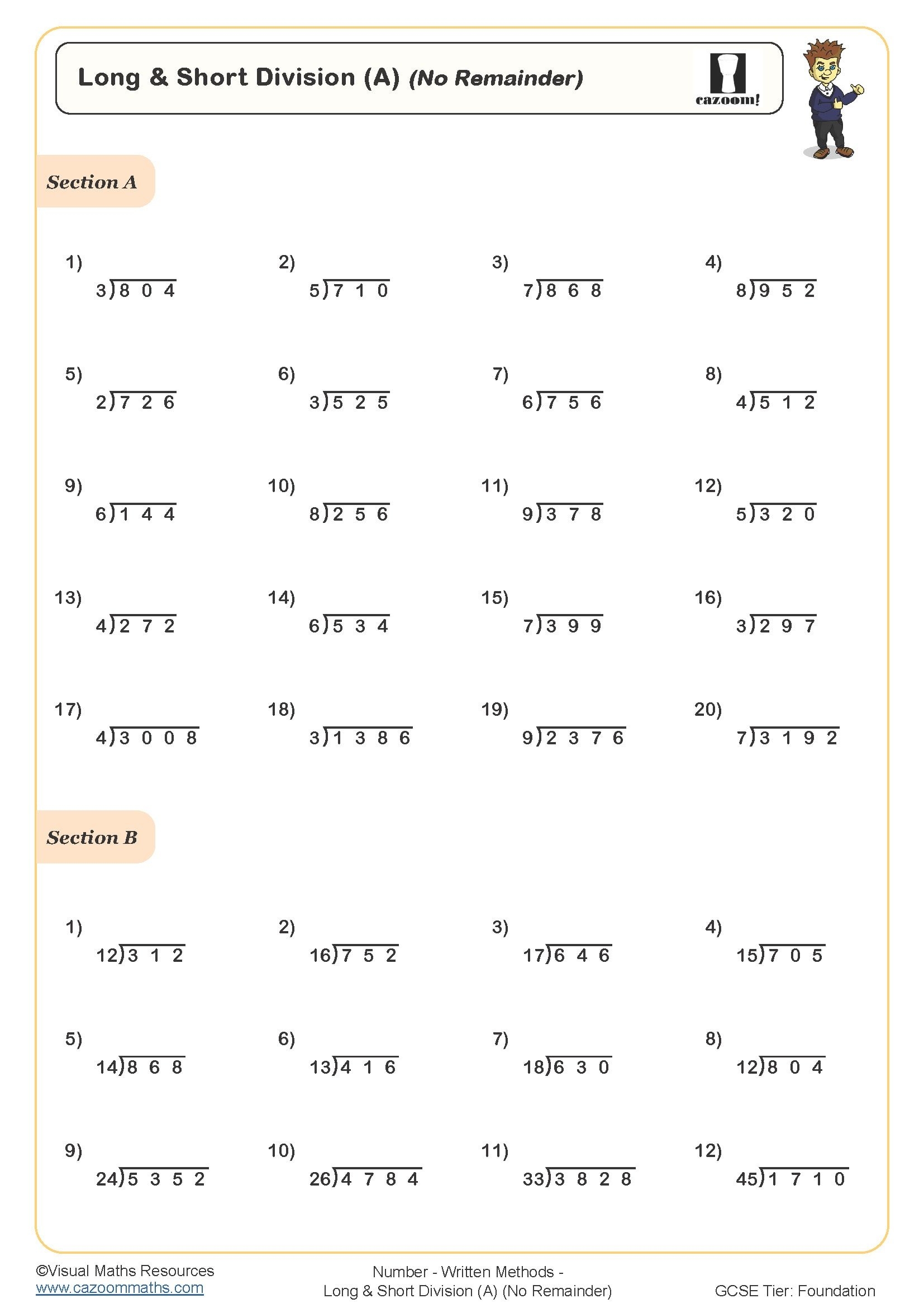 Long And Short Division A Worksheet Printable Maths Worksheets