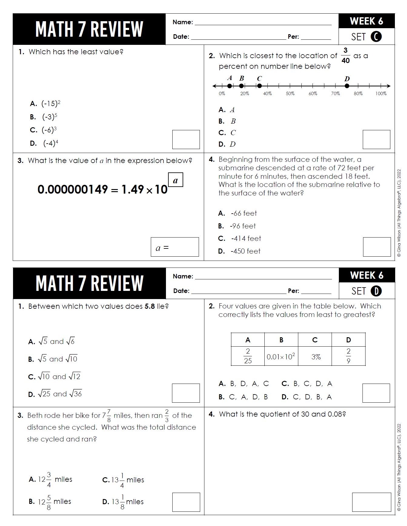 Math 7 Spiral Reviews