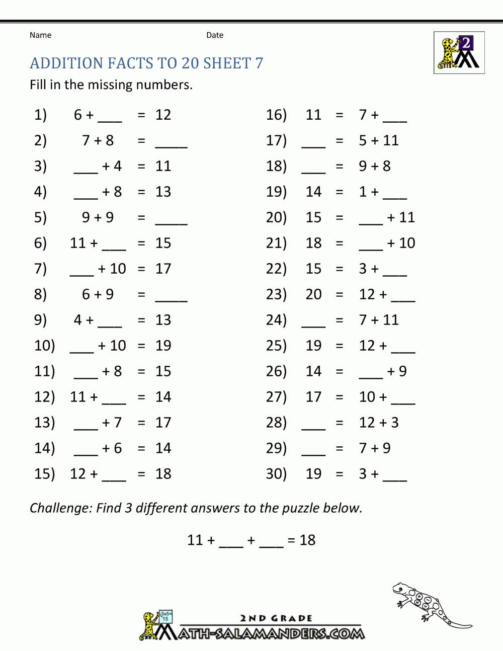Addition Math Facts Worksheet