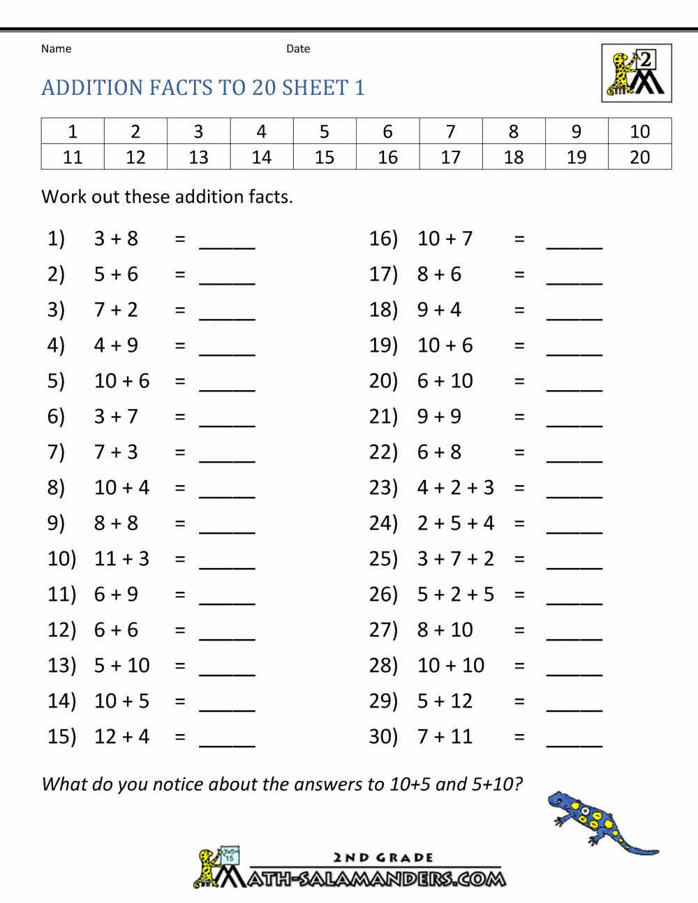 Math Addition Facts To 20