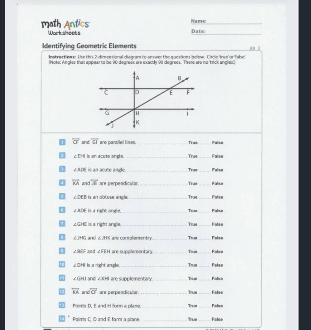 Math Antics Name Worksheets Date Identifying Geometric Elements 