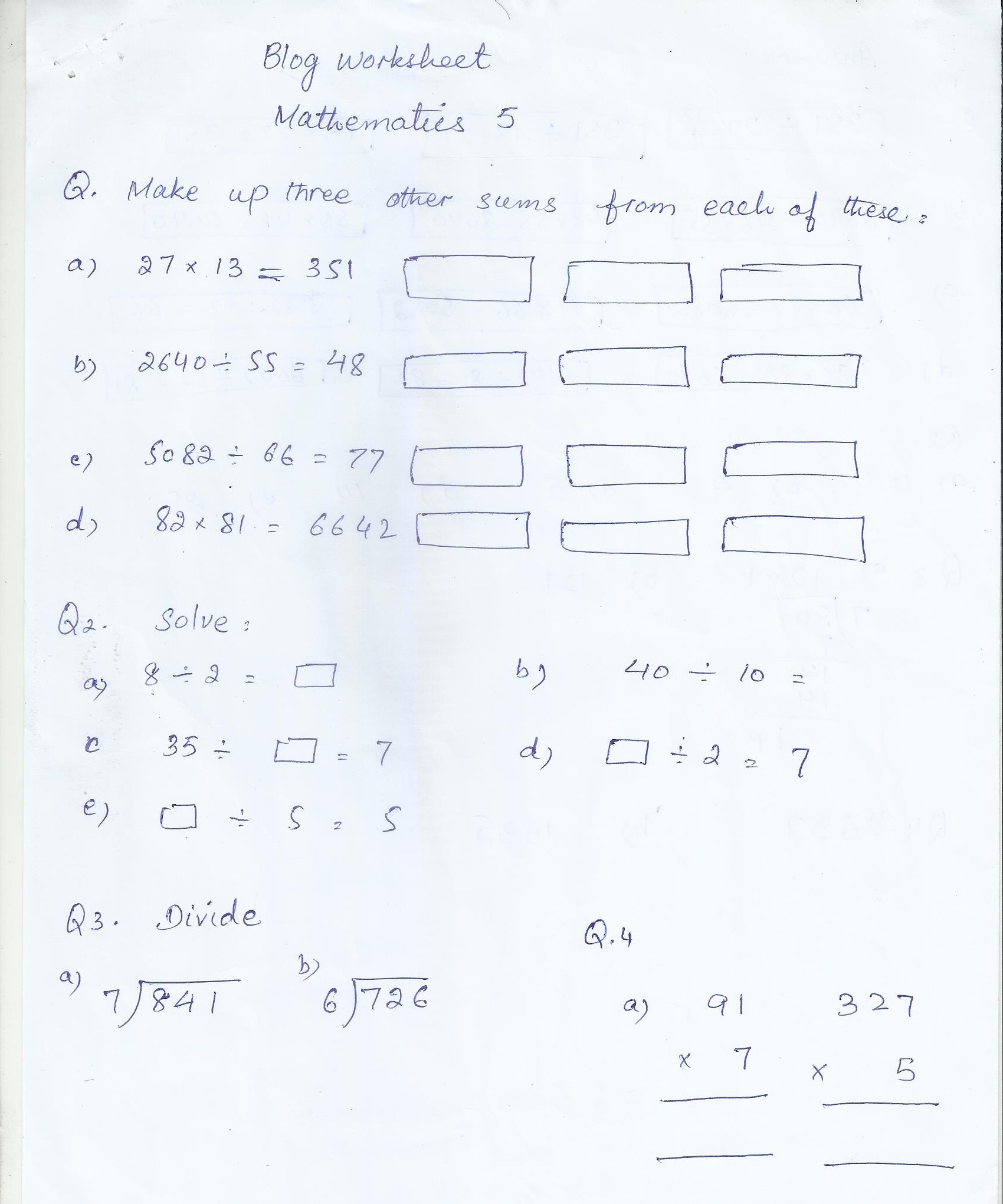 Math blog worksheet class 5 PAF JUNIORS