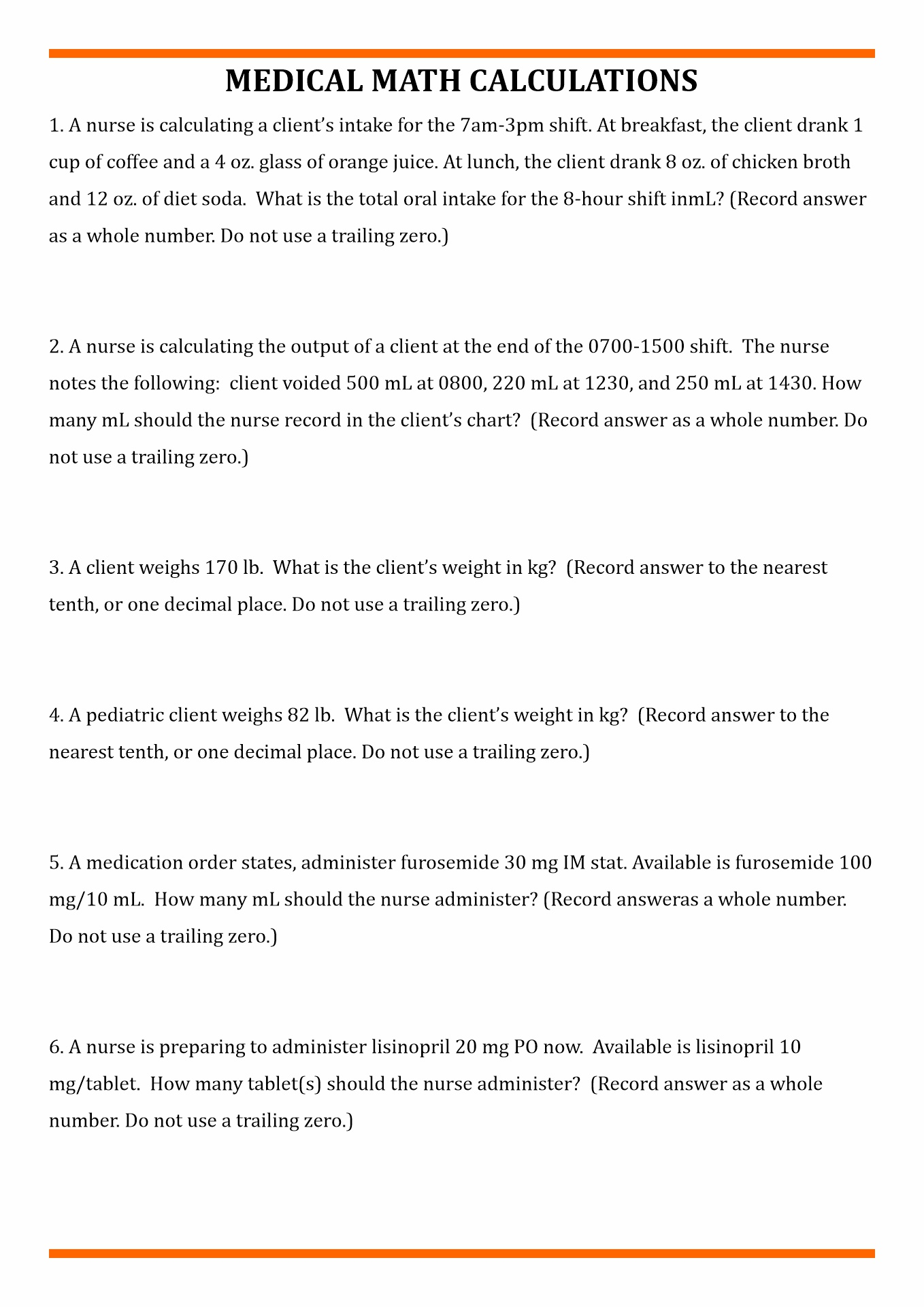 Nursing Math Practice Worksheets