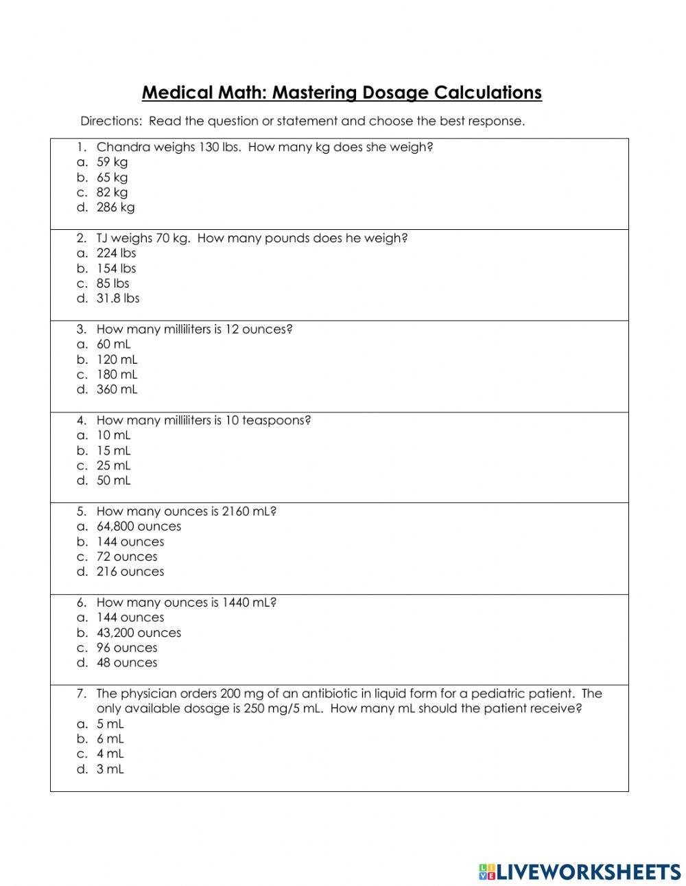 Math Practice For Nursing Online Exercise For Live Worksheets 