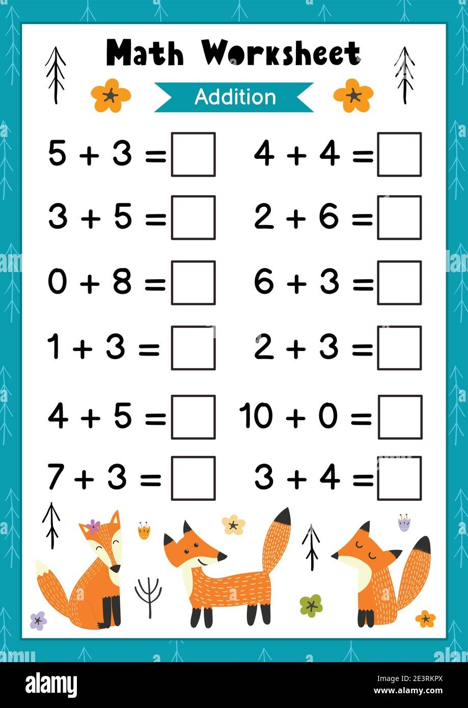 Math Worksheet For Kids Addition Mathematic Activity Page With 
