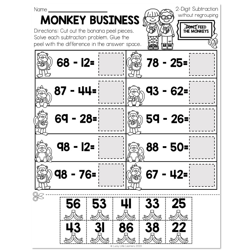 Math Worksheets 2 Digit Subtraction Without Regrouping Monkey Business Lucky Little Learners