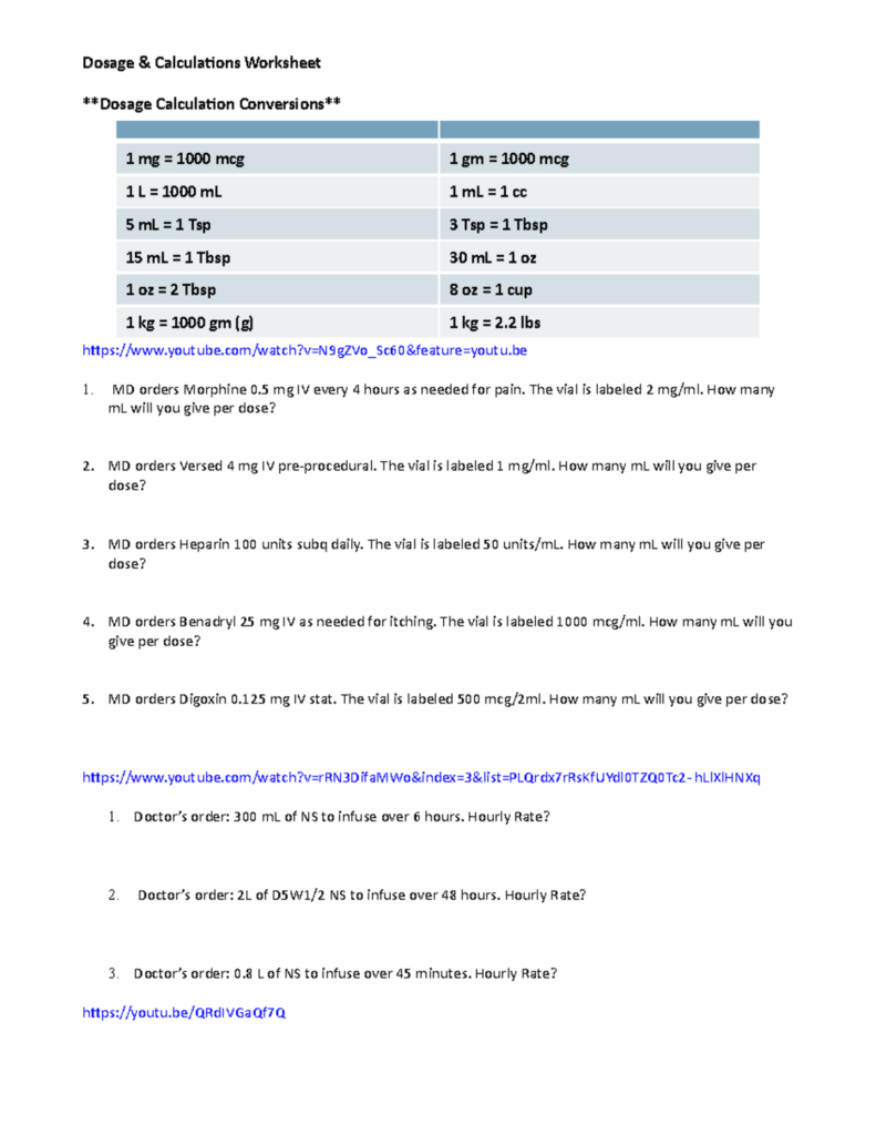 Med Math Worksheet Sample Med Math Dosage U0026amp Calculations 