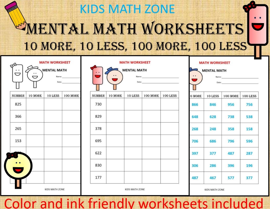Mental Math 10 Math Worksheets Pdf Kindergarten Year 1 2 Grade 1 2 Printable 10 More 10 Less homeschool Count Numbers Teacher Etsy UK