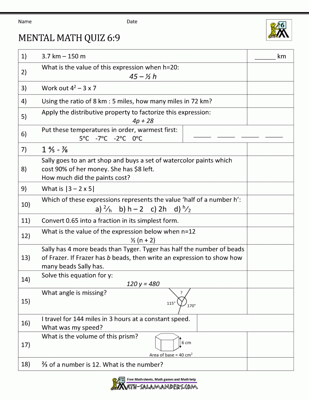Math Worksheets For Grade 6