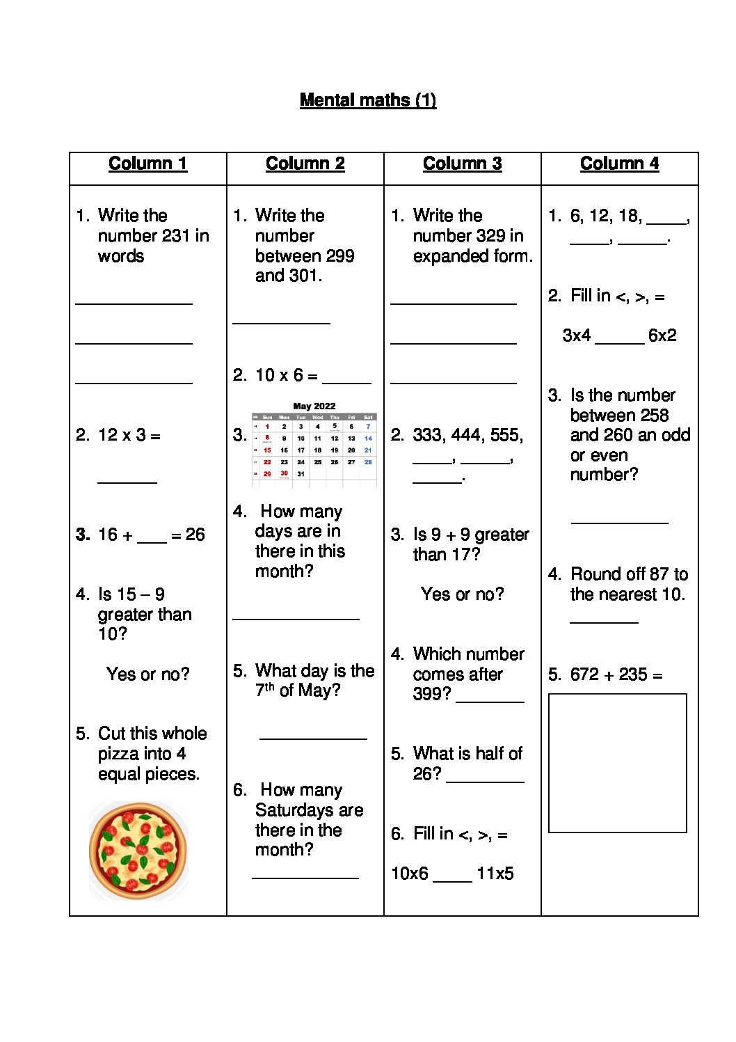 Mental Math Worksheets Teacha 