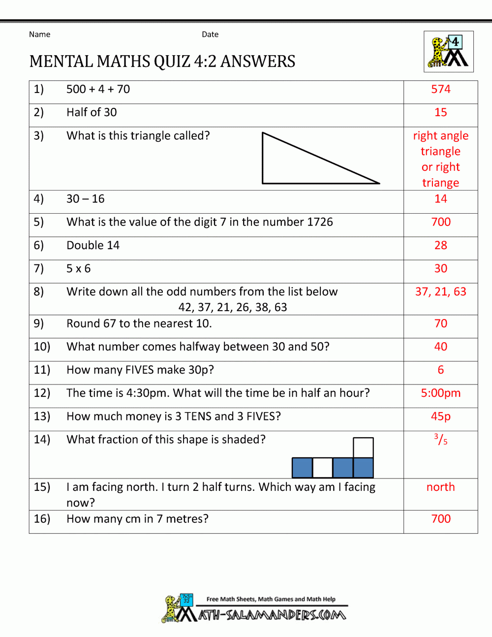 Mental Maths Test Year 4 Worksheets