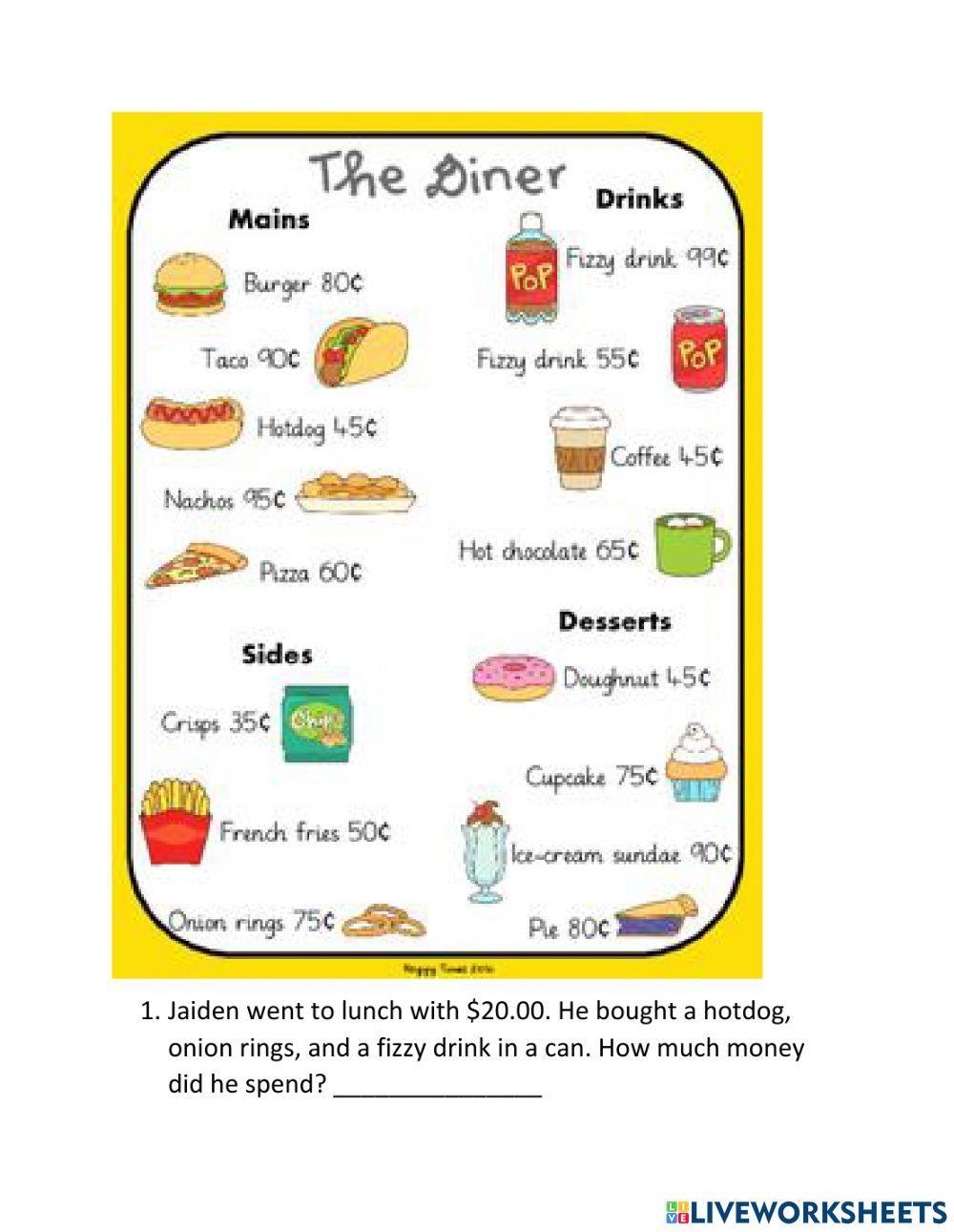 Menu Math Worksheets