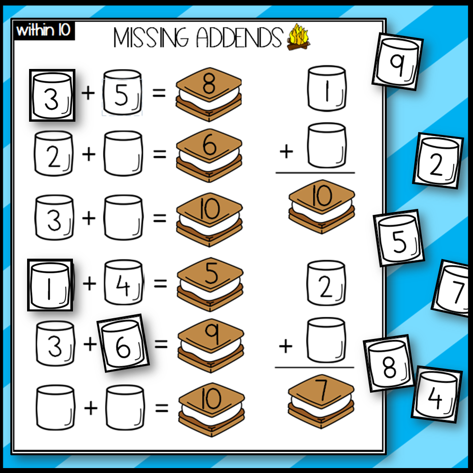 Missing Addends Camp Themed Math Center Worksheets