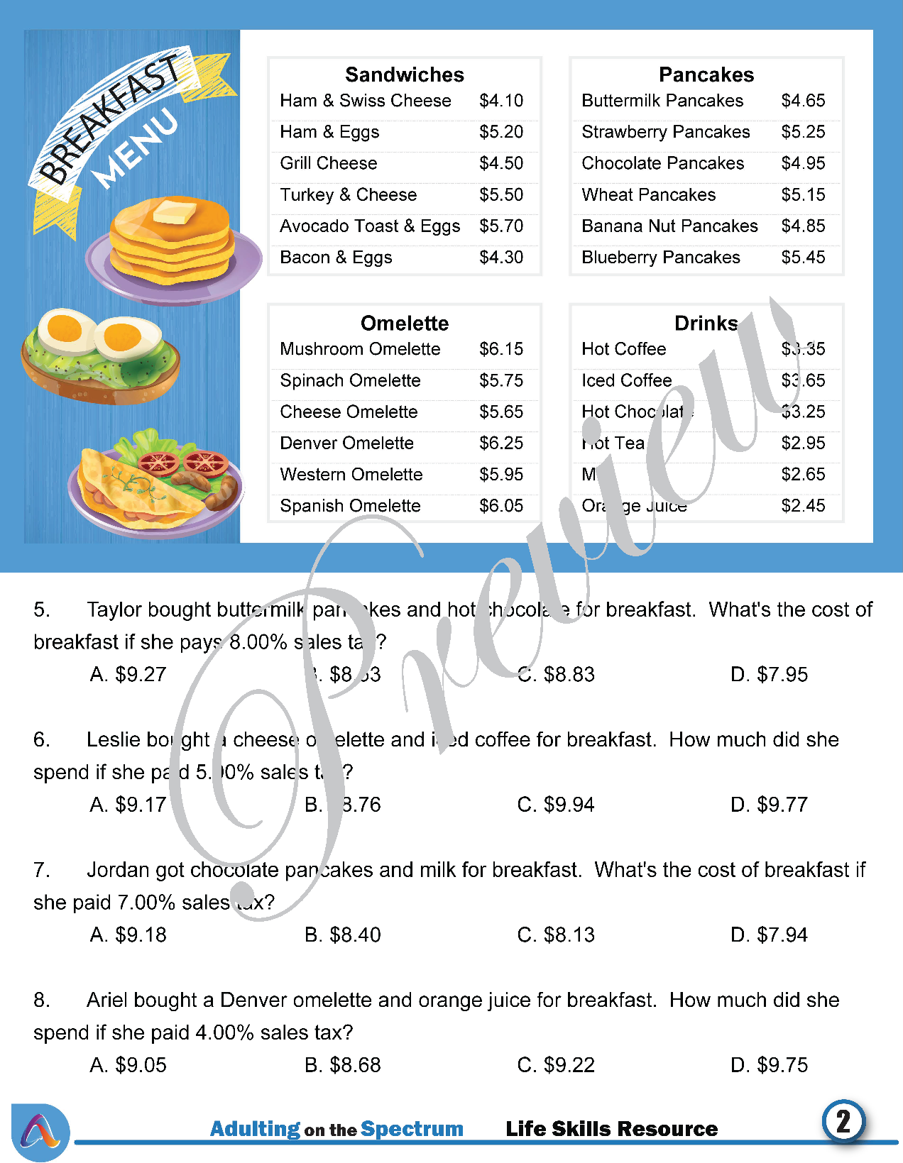 Money Math Life Skills Worksheet Level 2 Reading Menus Made By Teachers